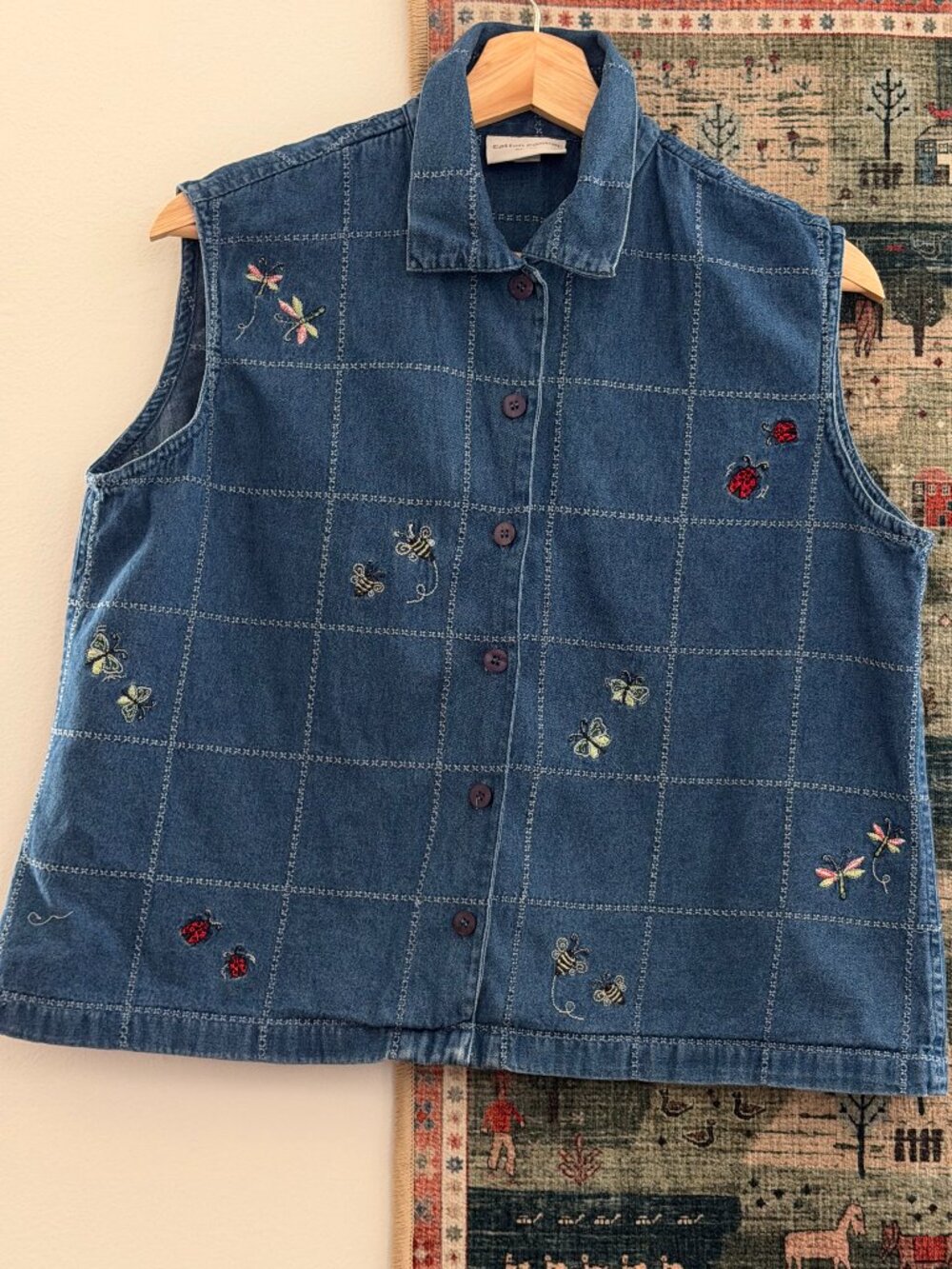 Vintage 90s Denim Button-Down Shirt with Embroidered Insects